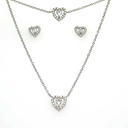 Sterling Silver Cubic Zirconia Heart 3 Piece Jewelry Set