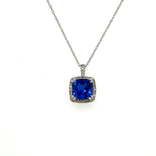 .08ctw Diamond and Created Ceylon Sapphire 10kt White Gold Necklace