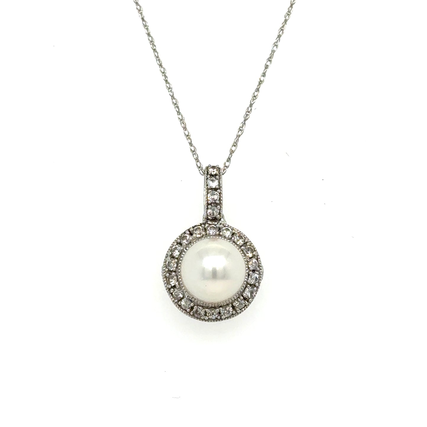 White Sapphire and Pearl 14k White gold Pendant with Chain