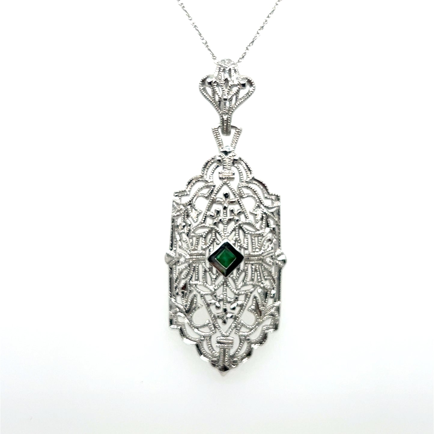 Diamond & Emerald Vintage Pendant in 14K White Gold