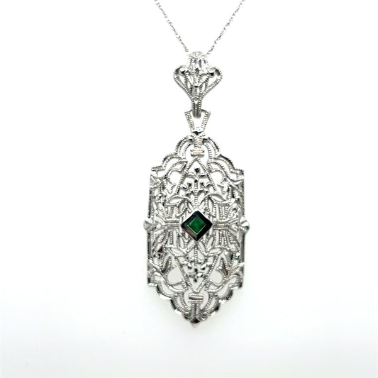 Diamond & Emerald Vintage Pendant in 14K White Gold