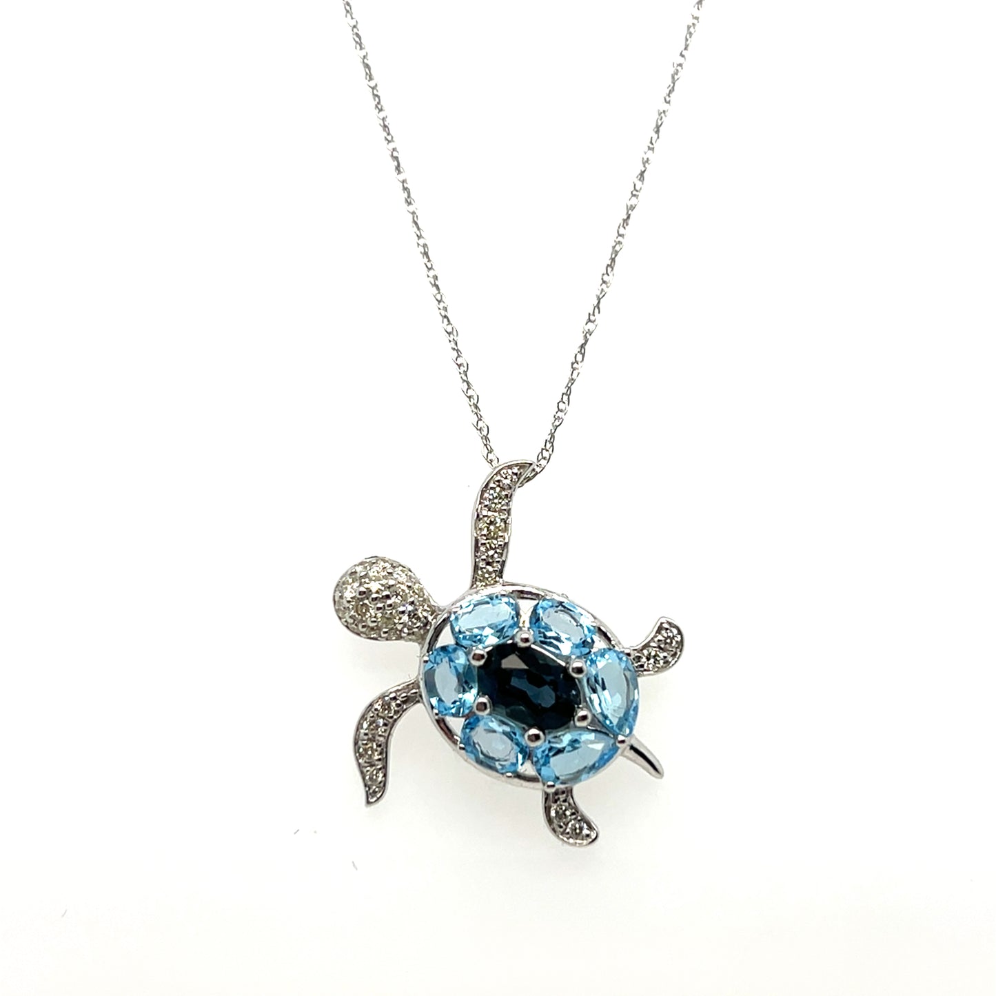 1.85CT Blue Topaz & 0.25CTW Diamond Turtle Pendant in 14K White Gold
