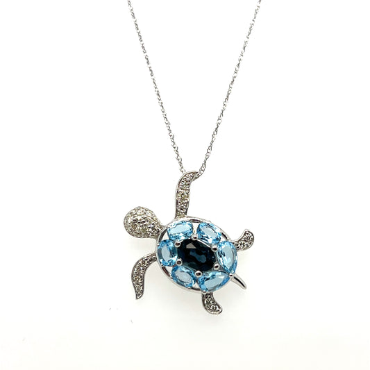 1.85CT Blue Topaz & 0.25CTW Diamond Turtle Pendant in 14K White Gold