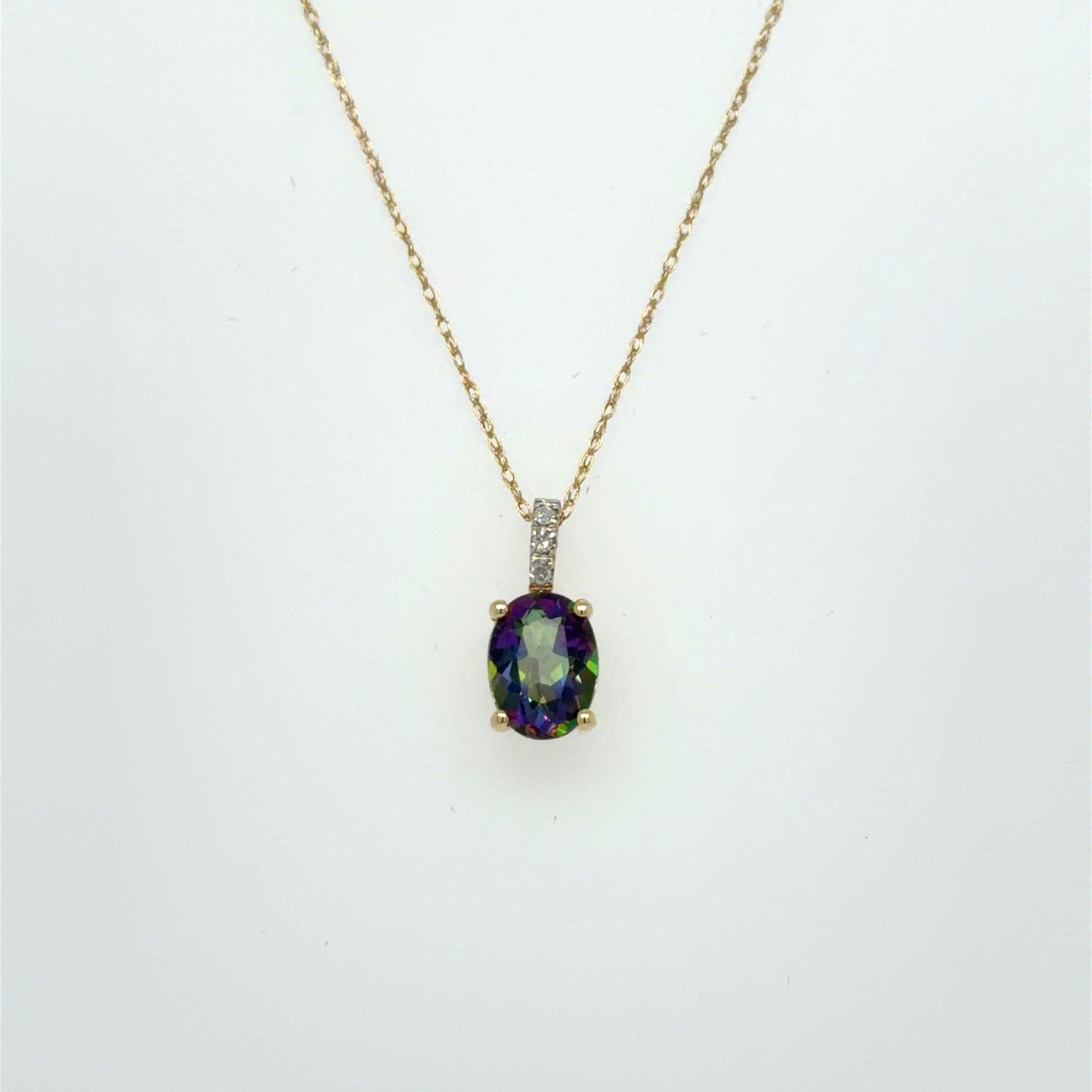 Mystic Topaz & Natural Diamond Oval Halo Pendant in 14K Yellow Gold
