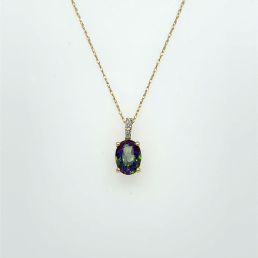 Mystic Topaz & Natural Diamond Oval Halo Pendant in 14K Yellow Gold