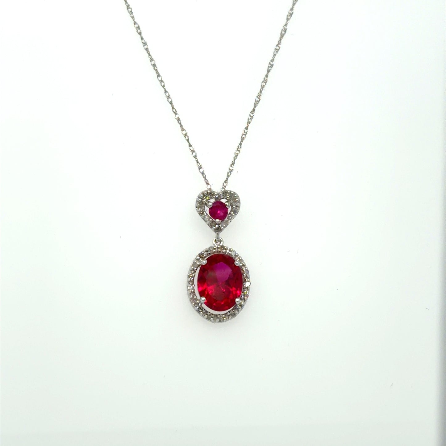 Created Ruby & Natural Diamond Heart & Dangling Oval Pendant in 10K White Gold