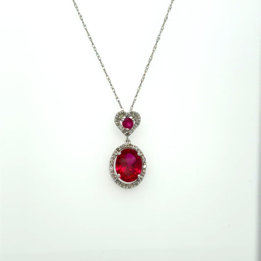 Created Ruby & Natural Diamond Heart & Dangling Oval Pendant in 10K White Gold