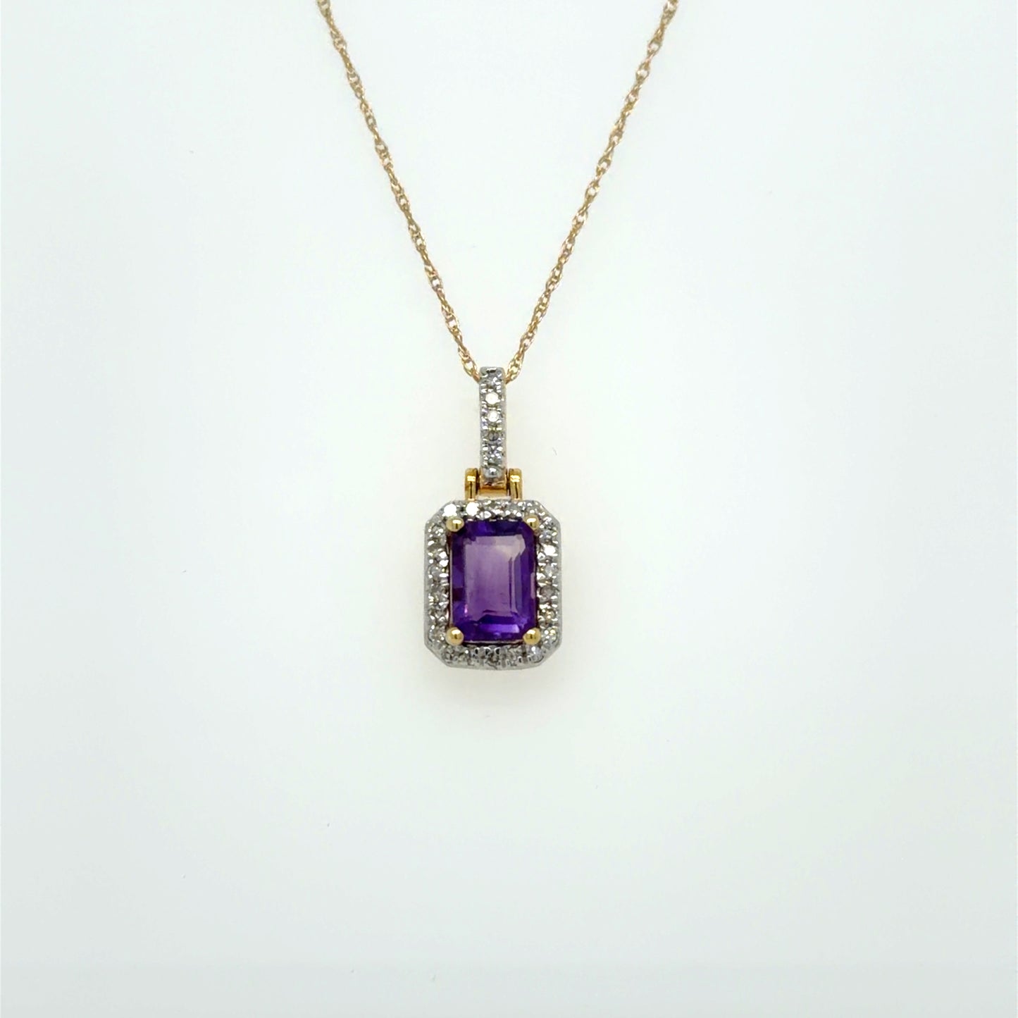 Amethyst & Natural Diamond Halo Pendant in 10K Yellow Gold