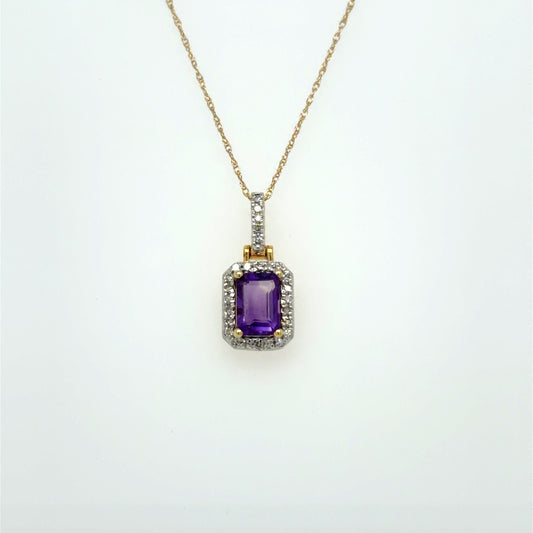 Amethyst & Natural Diamond Halo Pendant in 10K Yellow Gold