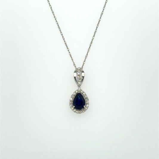 0.75 CT Sapphire & Natural Diamond Halo Pendant in 14K White Gold
