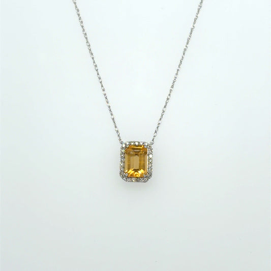1 CT Citrine & Natural Diamond Halo Pendant in 10K White Gold