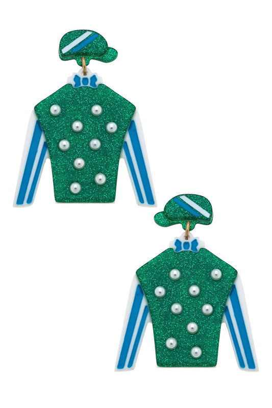 Freckles Jockey Silk Enamel Drop Earrings in Green & Blue