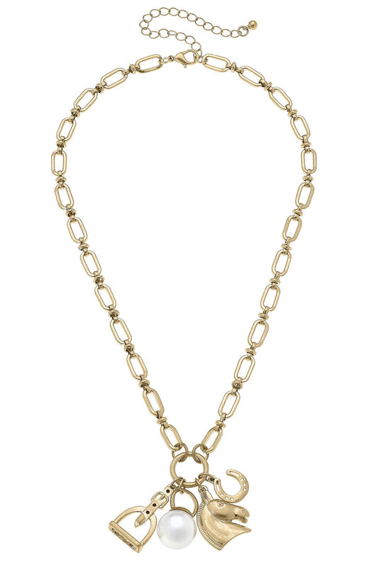 Rosalind Equestrian Charm Necklace in Shiny Gold 16" Adjustable