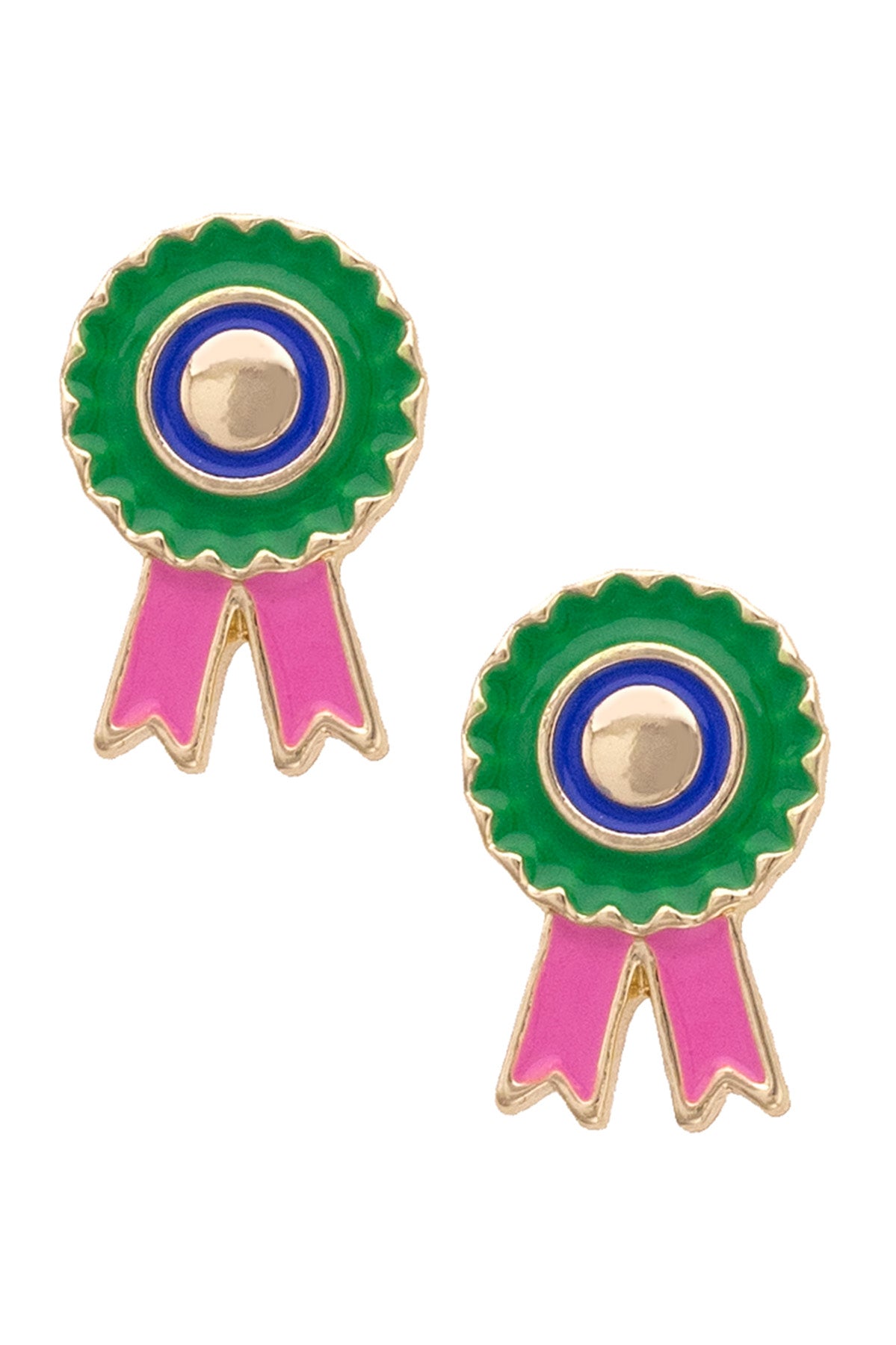 Prize Winning Ribbon Enamel Stud Earrings in Green & Pink