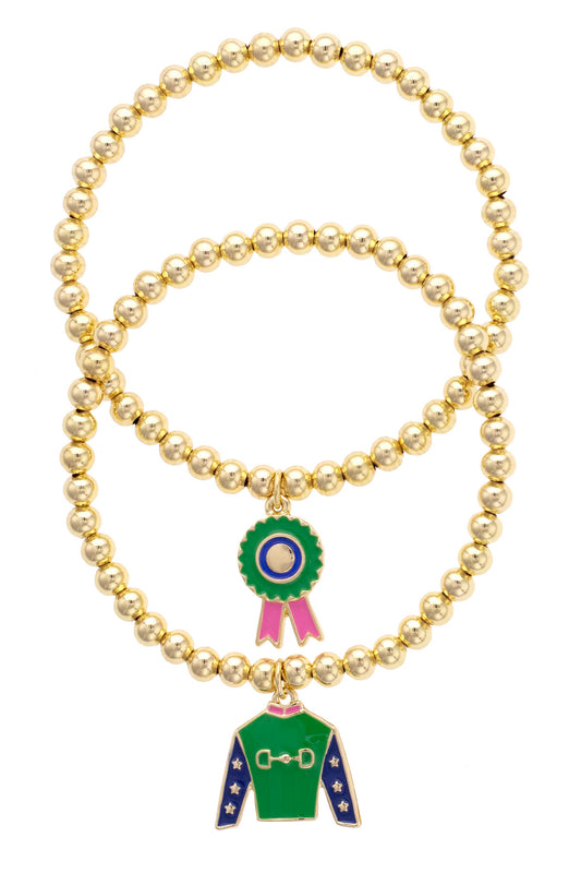 Prize Winning Jockey Silk Enamel Ball Bead Bracelet Set of 2 in Shiny Gold