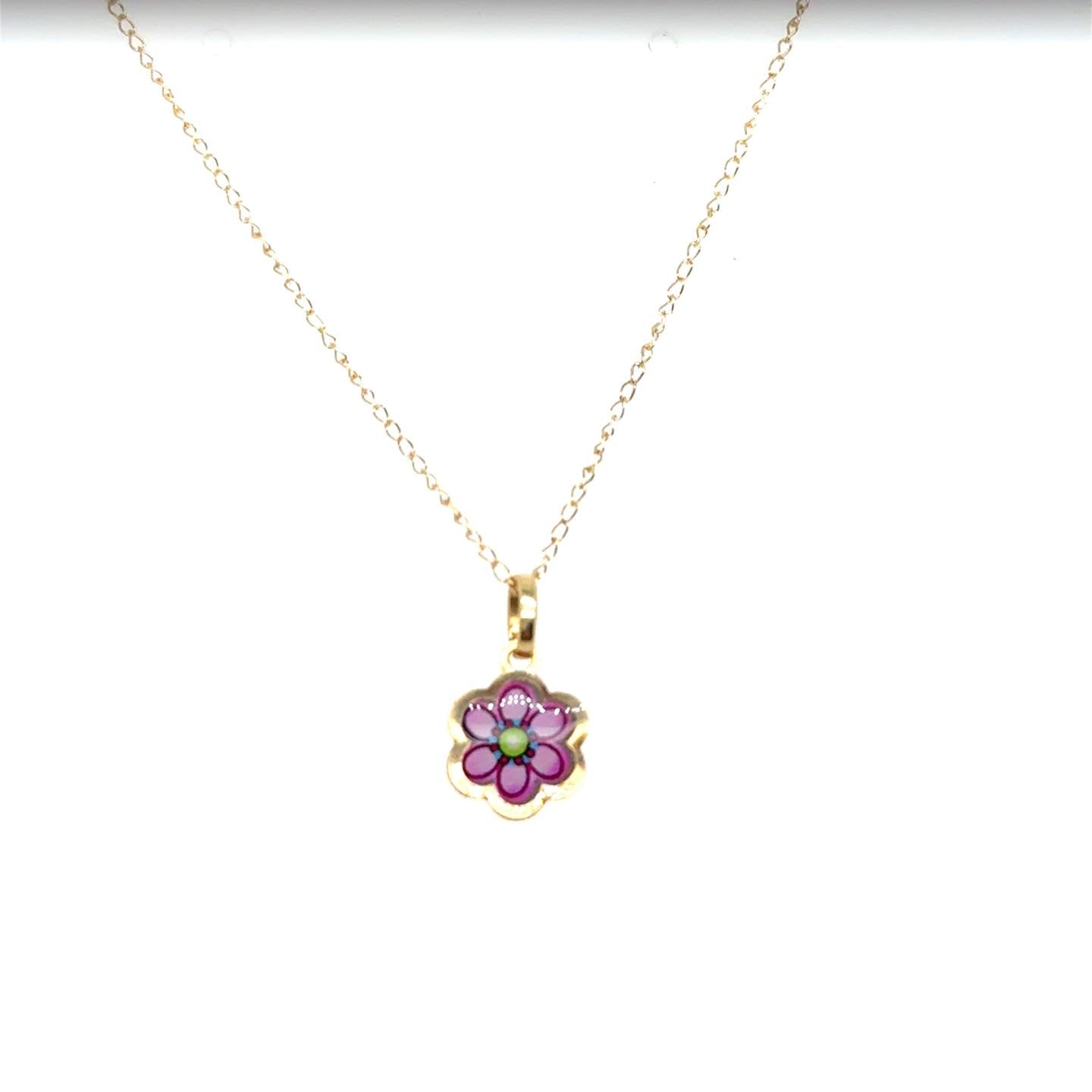 14kt Yellow Gold Enameled Flower Pendant with chain.