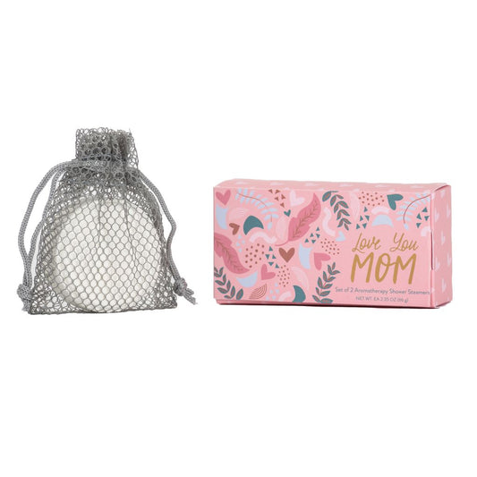 "Love You Mom" Set of 2 Aromatherapy Shower Steamers and Mesh Bag