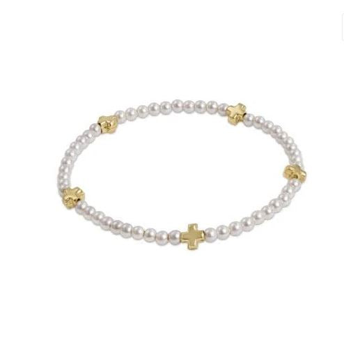 e. Newton - Signature Small Gold Cross 3mm Bracelet - Pearl