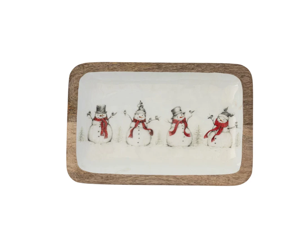 12" x 8" Enameled Mango Wood Tray with Snowman