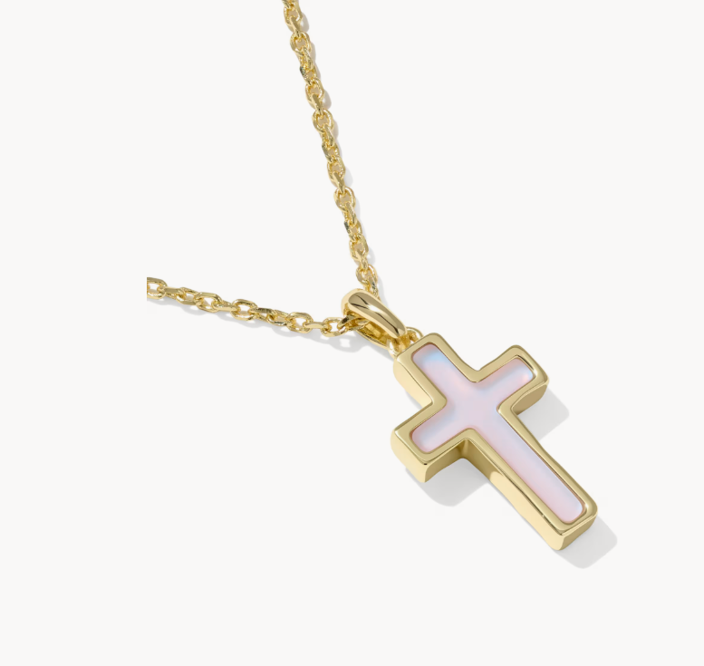 Kendra Scott Cross Pendant Necklace Gold Matte Blush Pink Dichroic Glass