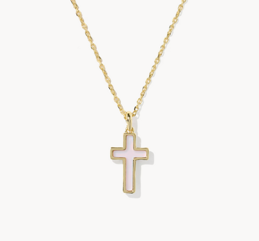 Kendra Scott Cross Pendant Necklace Gold Matte Blush Pink Dichroic Glass