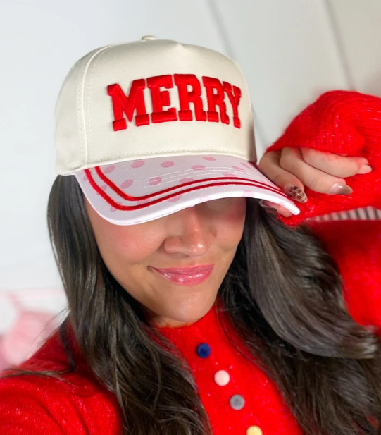 "MERRY" on Tan Cap with Patch Work