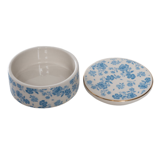 Blue Floral Ceramic Ring Dish with Lid