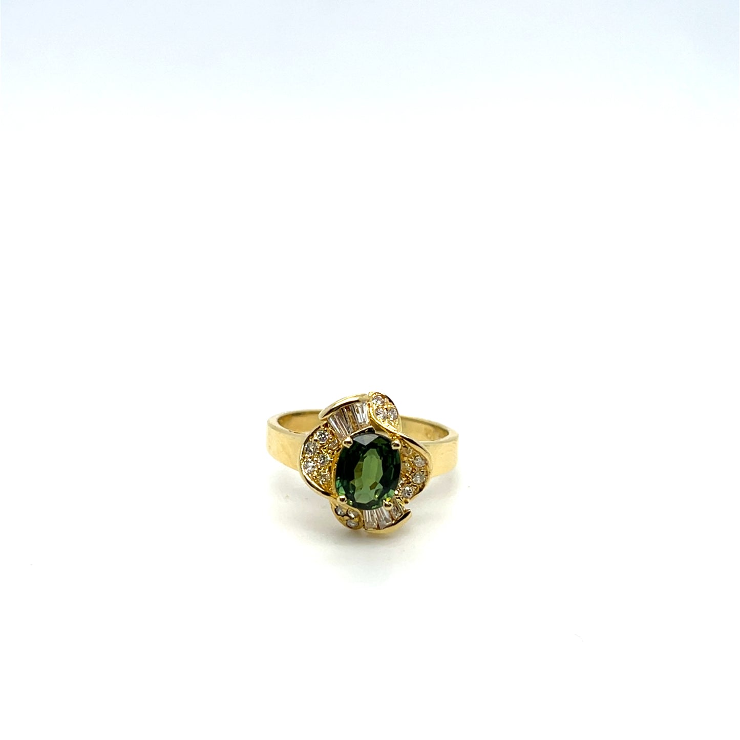 18K Yellow Gold Diamond & Green Sapphire Ring