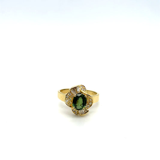 18K Yellow Gold Diamond & Green Sapphire Ring