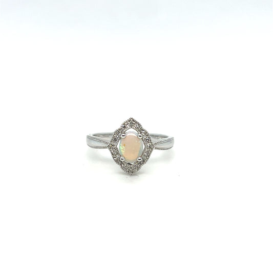 14K White Gold Opal & Diamond Ring – .10ctw