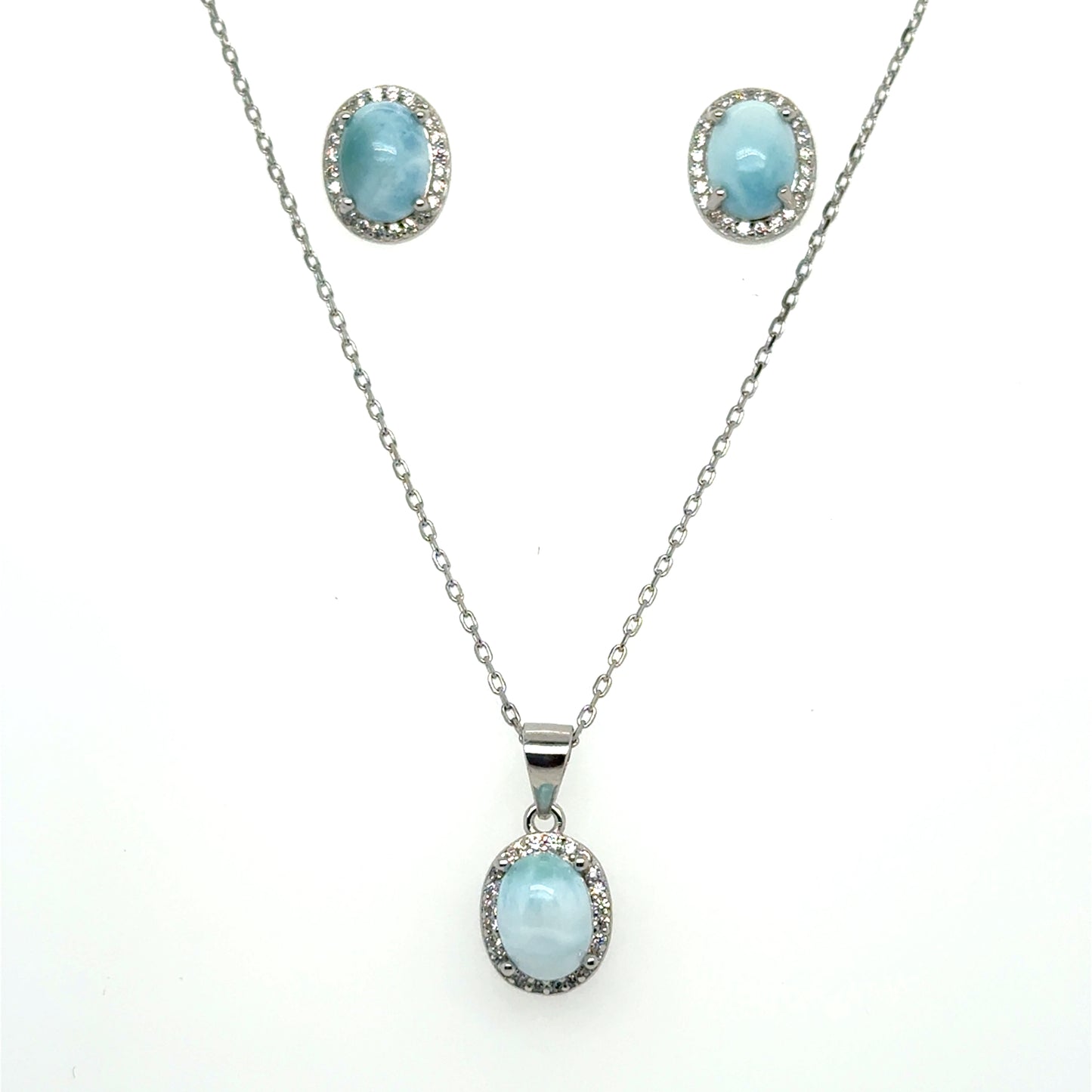 Sterling Silver Aquamarine Quartz Cabochon Pendant & Earring Set with Cubic Zirconia's