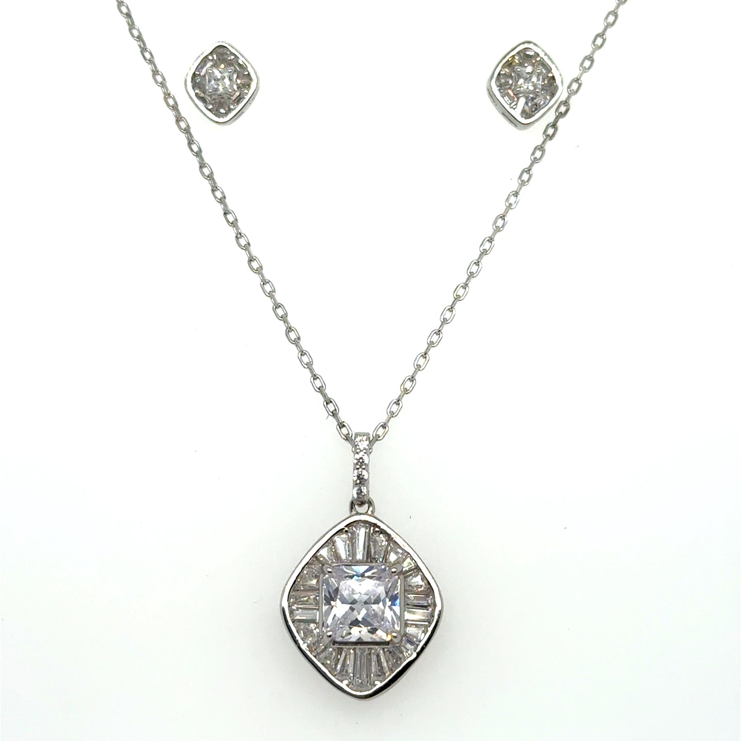 Sterling Silver Geometric Pendant & Earring Set with Cubic Zirconia's