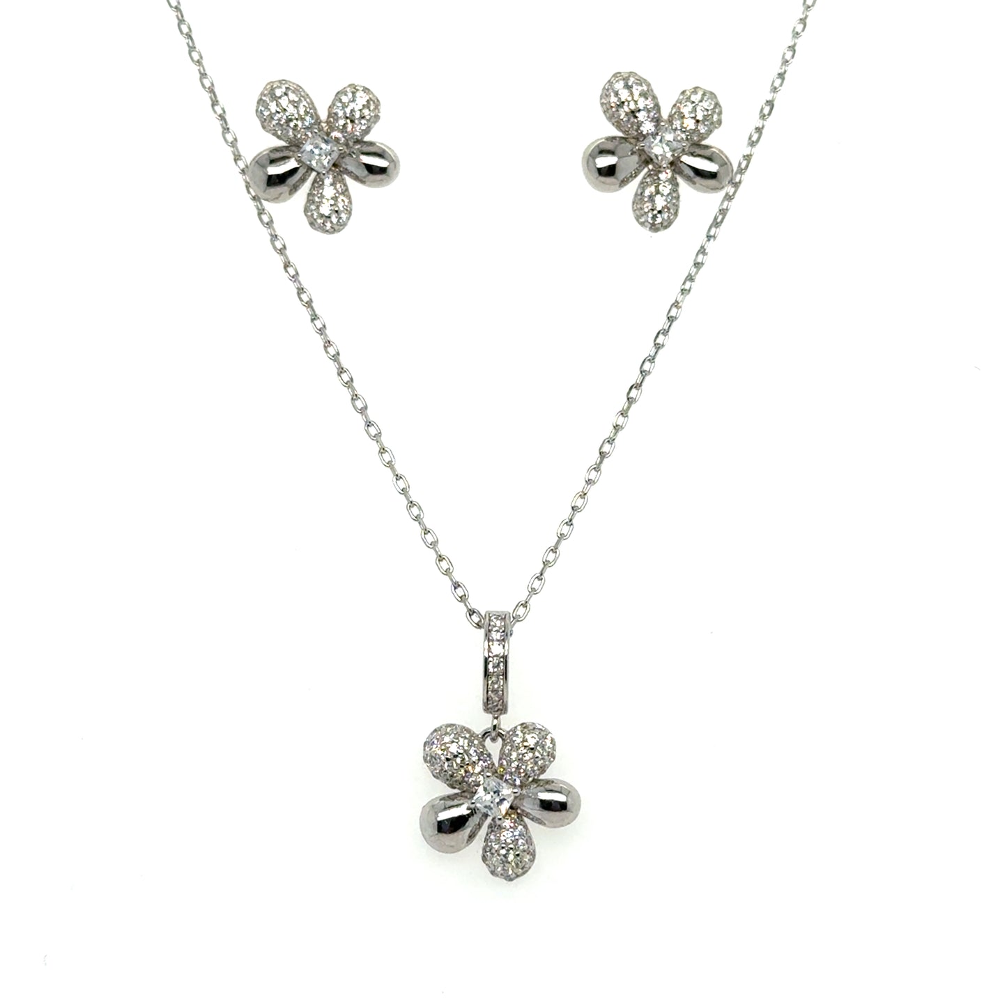 Sterling Silver Daisy Pendant & Earring Set with Cubic Zirconia's