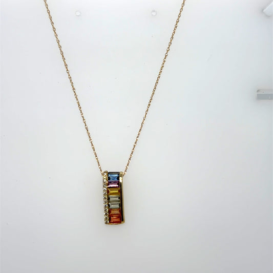 1.40 CTW Multi Color Sapphire and 0.10 CTW Diamond 14kt Yellow Gold Pendant with Chain