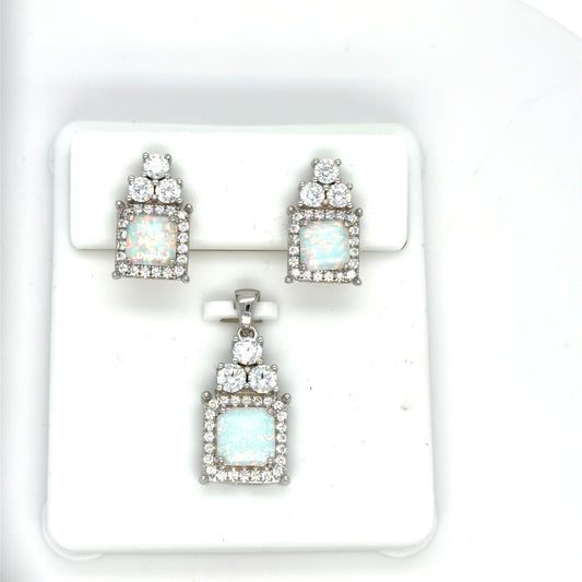 Sterling Silver Opal and Cubic Zirconia Earring and Pendant Set