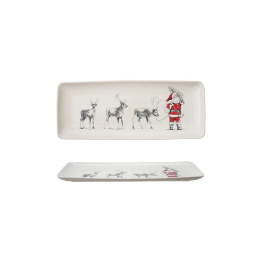 14"L Stoneware Platter with Santa Leading Reindeer