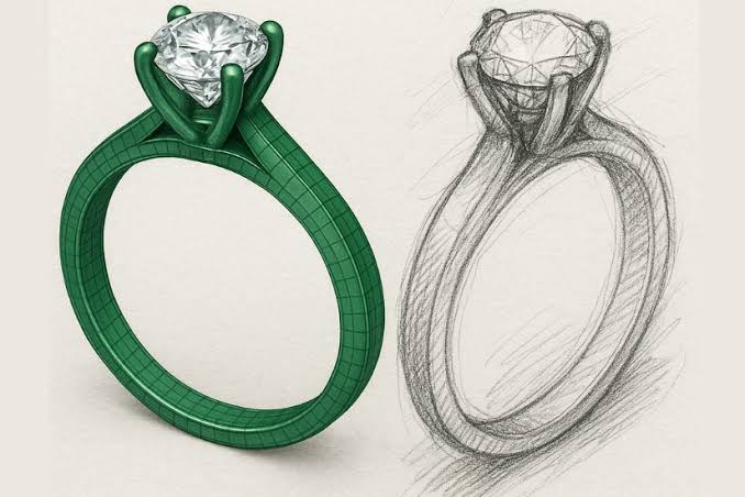 A green ring design beside a pencil sketch of the finished ring.