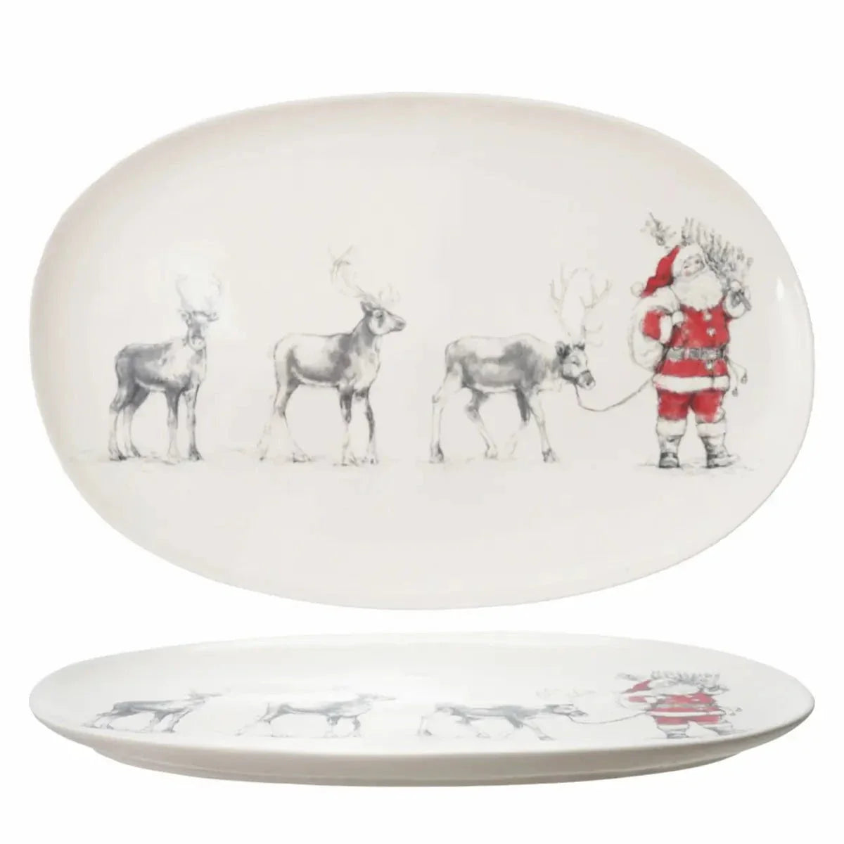 16 1/2" Oval Stoneware Serving Platter Santa Leading Reindeer