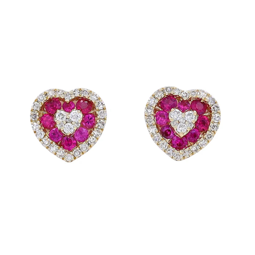 .25ctw Diamond and .43ct Ruby Heart Stud Earrings