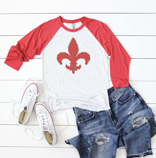 Doodles by Rebekah Rose Fleur de Lis Red Sleeved Raglan Shirt