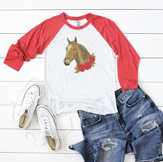 Doodles by Rebekah Horse with Roses Red Sleeve Raglan