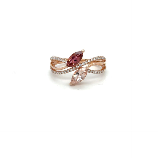 14kt Rose Gold .27ctw Diamond, 1ct Morganite & 1ct Pink Tourmaline Ring