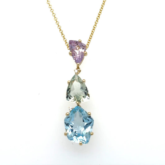 14kt Yellow Gold .01ctw Diamond, 7.80ctw Pink Amethyst, Green Amethyst & Sky Blue Topaz Pendant with 18" Chain