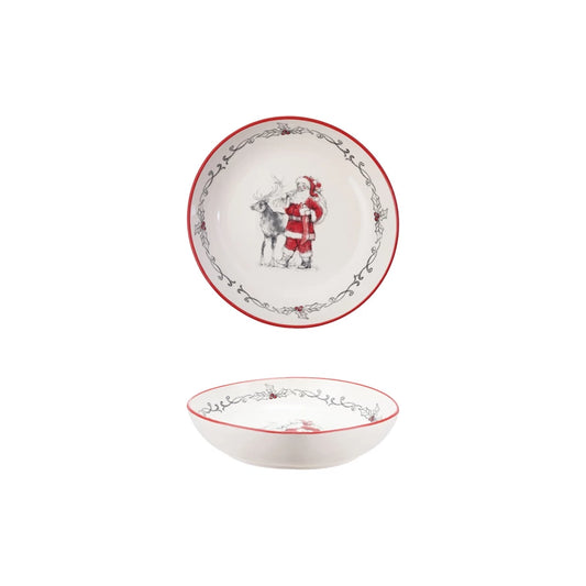12 3/4"Stoneware Bowl with Santa Leading Reindeer